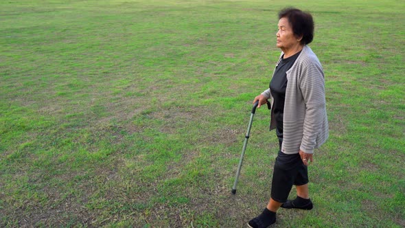 senior woman walking with walking stick in the grass field