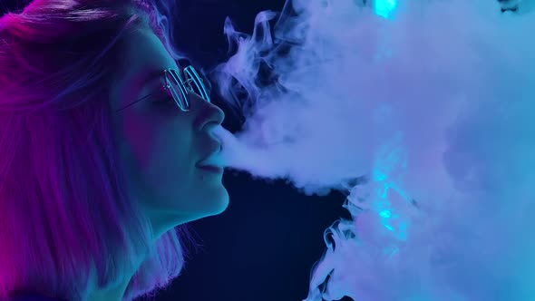 Portrait Young Stylish Woman Sunglasses Smoking Hookah Blowing Out Puffs Smoke