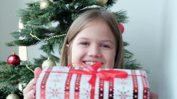 Cute Little Girl Gives Christmas Gift Box at Home Near Decorated Tree