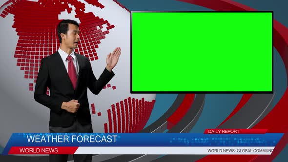 Live News Studio With Male Anchor Reporting On The Weather Forecast, TV Show Green Chroma Key Screen