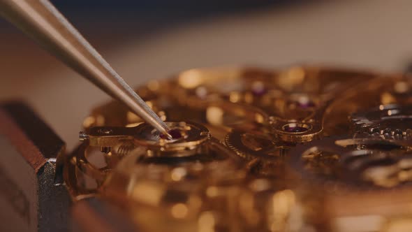 Watchmaker Used Tweezers To Remove Ruby Jewel On A Balance Wheel In A Mechanical Watch. - macro