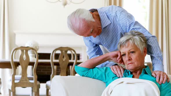 Upset senior couple arguing with each other in living room