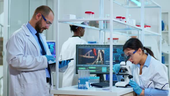 Team of Scientists Doing Biological Researches Under Microscope alt