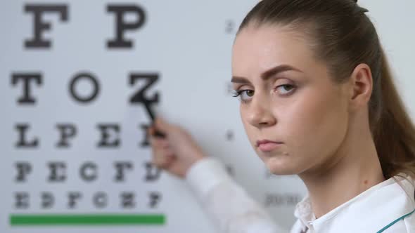 Professional Female Oculist Pointing at Letter on Chart, Farsightedness Disease