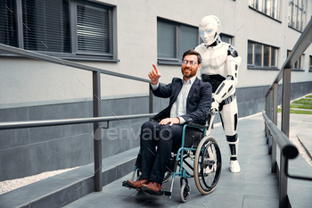A robot carries a wheelchair with a sick man