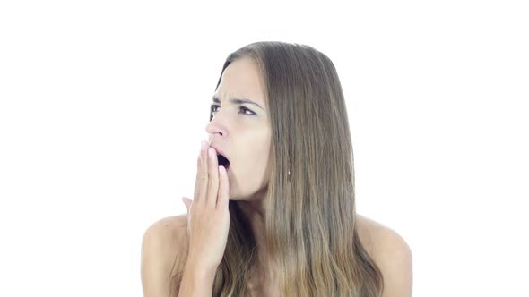 Yawning Tired Beautiful Woman , Napping , White Background