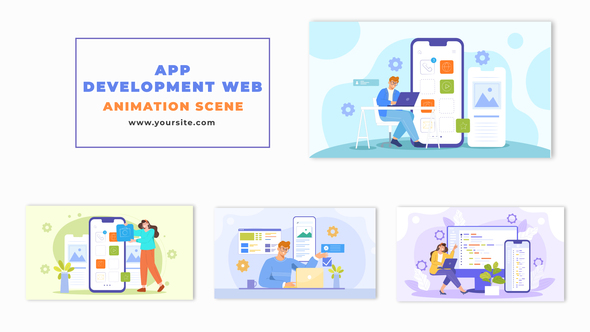 Flat 2D Character Web App Development Animation Scene