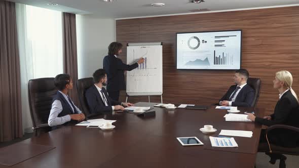 Business Meeting, a Young Businessman Speak at a Meeting and Shows Financial Infographic