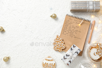 Cookies, gift box and notepad with list on white background, space for text