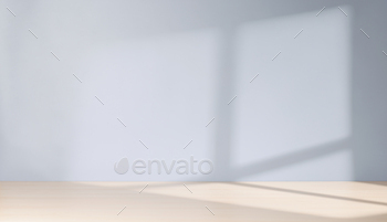 Wooden table and sunlit wall, product template