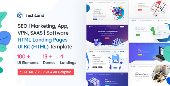TechLand - SEO|Marketing, SAAS|Software, App, VPN Landing pages + UI Kit HTML Template