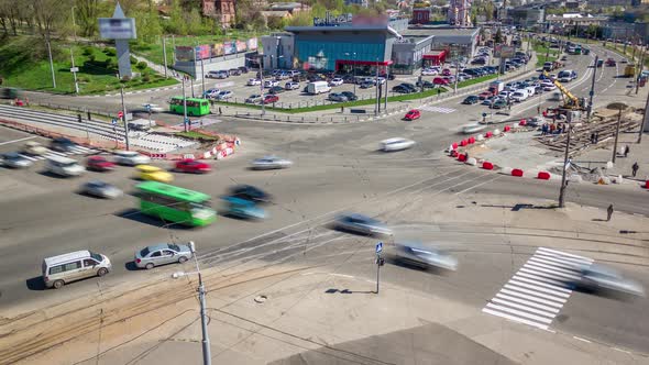 Installing Concrete Plates By Crane on Intersection at Road Construction Site Timelapse