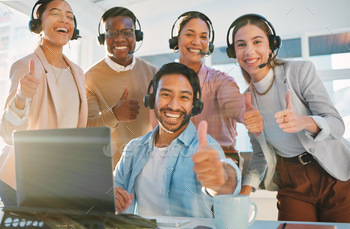 Teamwork, portrait and call center people with thumbs up, contact us with headphones and help desk.
