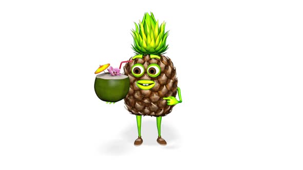 3d Cartoon Pineapple Shows Coconut Loop On White Background alt