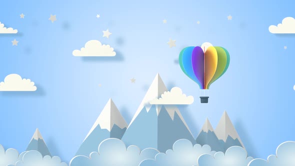 Blue Color Origami Hot Air Balloon Flying On The Sky Above The Clouds And Mountains alt