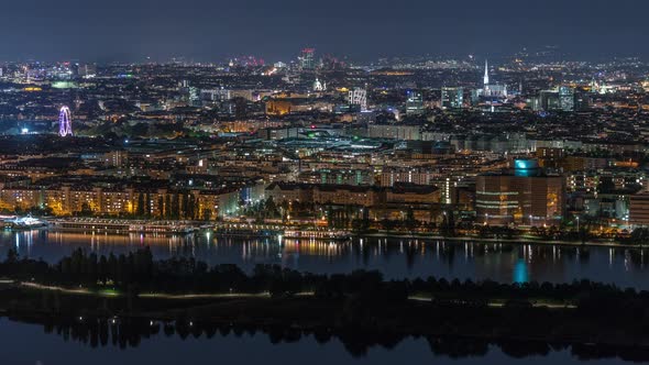 Aerial Panoramic View Over Vienna City with Skyscrapers Historic Buildings and a Riverside Promenade