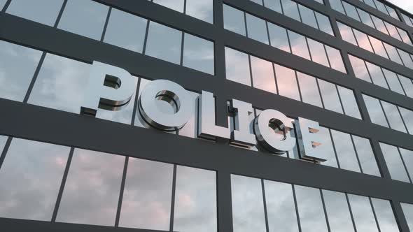 Police Sign on a Modern Glass Skyscraper