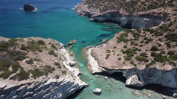 Aerial view on Milos Island and Kleftiko beach, Greece. Idyllic place