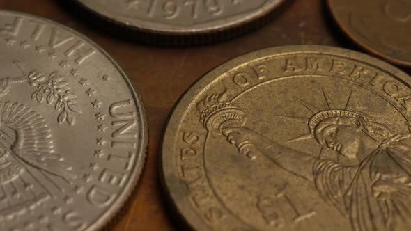 Rotating stock footage shot of American monetary coins 