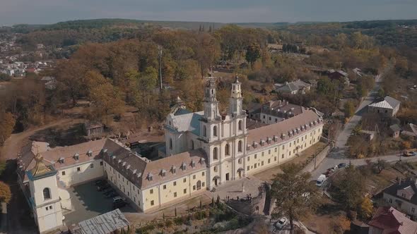 Aerial View of Catholic Cathedral Monastery in Autumn. City Buchach, Ukraine