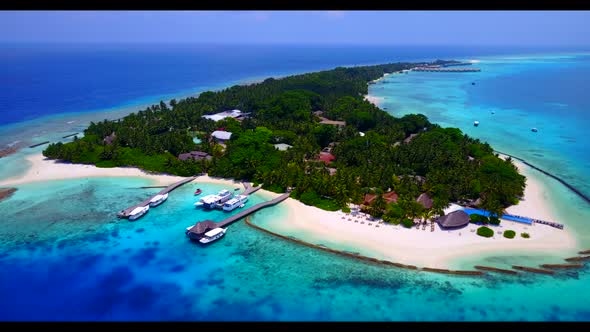 Aerial drone travel of perfect coastline beach journey by transparent sea with white sandy backgroun