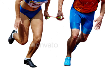 female blind para athlete runner with male guide start running race, summer para athletics