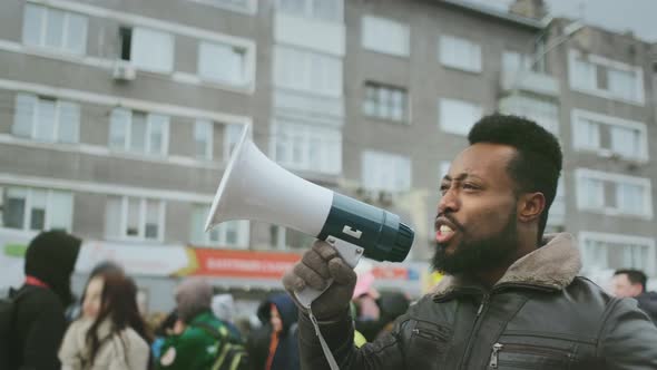 Worke Political Strike. Afro American People Shout Megaphone. Loudspeaker Scream