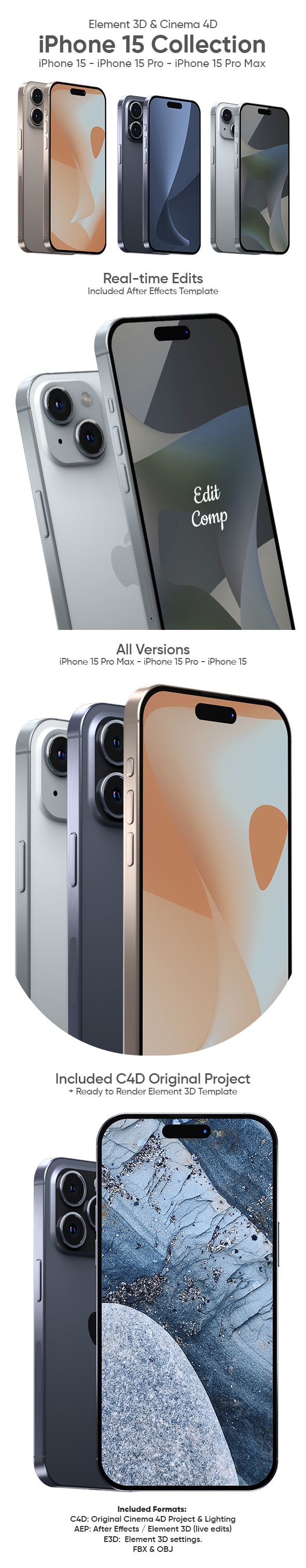 Element 3D iPhone 15 - iPhone 15 Pro - iPhone 15 Pro Max Full Pack