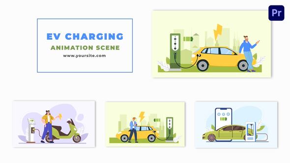 Flat Design Character Electric Vehicle Charging Animation Scene