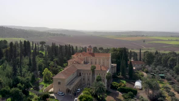 Latrun Trappist Monastery, Israel, Fly over drone shot, green forest