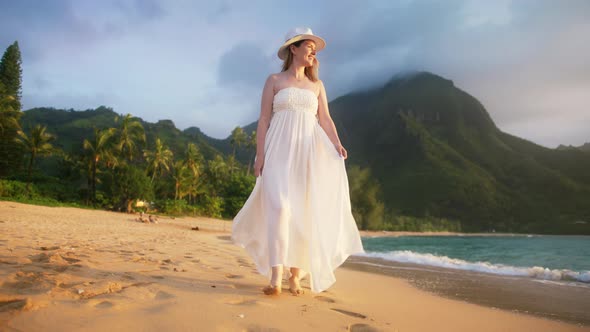 Woman Walk on Tropical Sunset Beach Lady in White Dress Have Fun on Ocean Coast