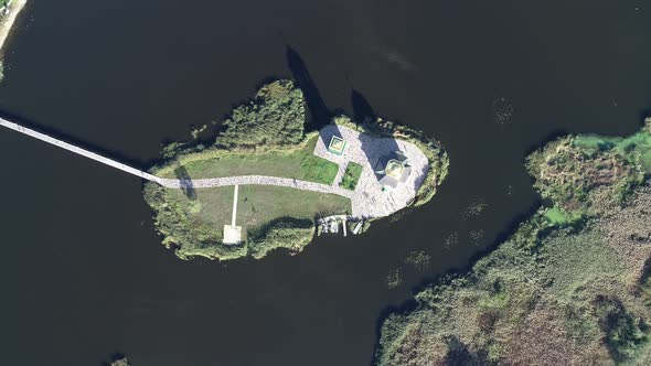 Aerial View of the Church of the Transfiguration of the Savior on an Island in the Middle of the