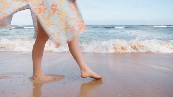 Slow Motion Young Woman Slim Legs Walking By Scenic White Splashing Ocean Waves