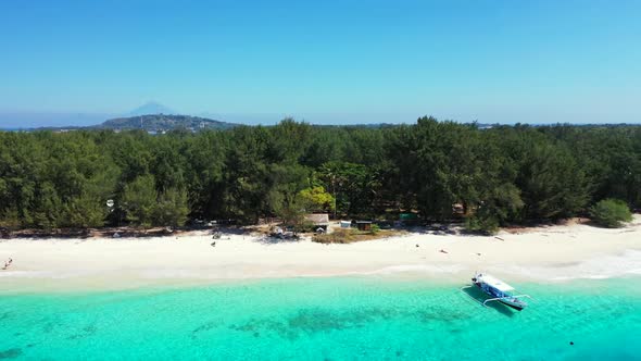 Aerial top down nature of luxury bay beach lifestyle by blue lagoon and white sandy background of a 