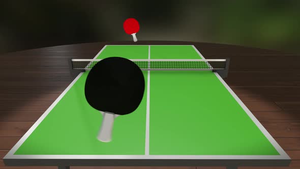 3D animation of table tennis game. Photorealistic racket hits ping pong ball across green CGI table