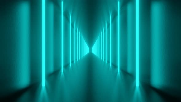 Vertical green neon lights in abstract 3d rendered tunnel. Light corridor