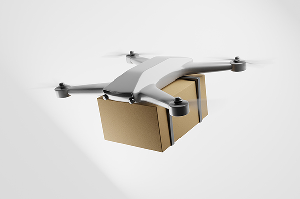 A delivery drone quadrocopter with a card box