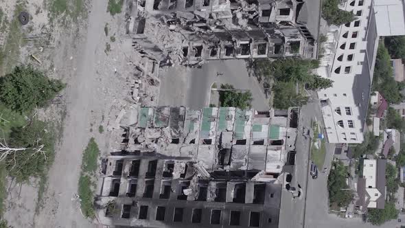 Vertical Video of a Multistorey Building Destroyed During the War in Ukraine