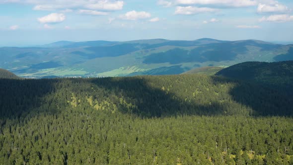 Aerial view of vast mountainous forests, Beautiful nature (Hrubý Jeseník)