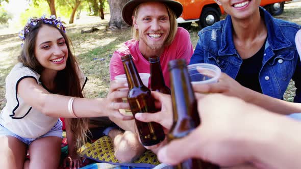 Friends toasting beer bottles in the park 4k