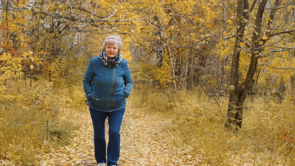 Elderly Woman Walks in the Park in Autumn and Relaxes.