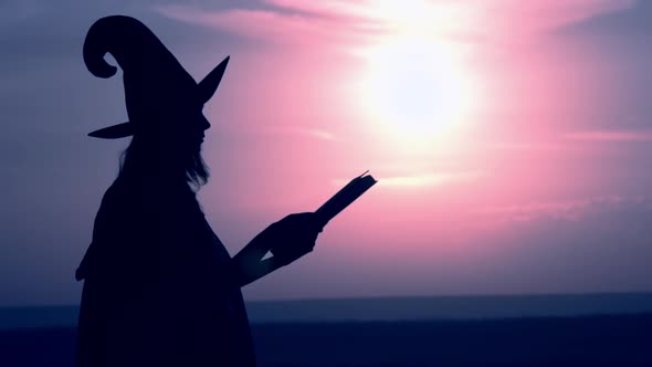 Woman in a Witch Costume Holds Magic Book