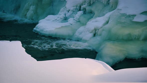 Ice covered banks of stream flowing through frozen landscape in winter. Babbling brook of ice or gla