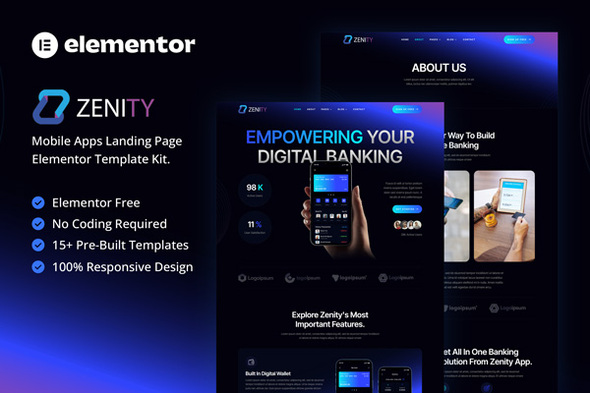 Zenity – Mobile App Landing Page Elementor Template Kit