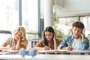 Group of smart school girls and boy studying together, learning language. Back to school, education