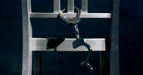 Medium dolly shot of a pair of handcuffs dangling from the back of a chair. The swaying handcuff is