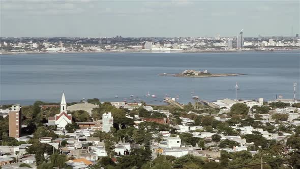 General View of Montevideo City, Port and Bay from Cerro de Montevideo Hill, Uruguay.