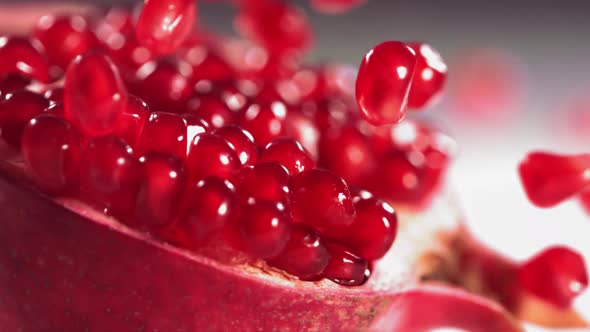 Pomegranate Grains Rolls Down on Surface of Broken Pomegranate in Slow Motion