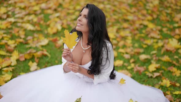 Sensual Bride in Wedding Day in Autumn Busty Woman in White Dress is Sitting on Grass in Park