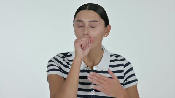 Sick Latin Woman Coughing White Background